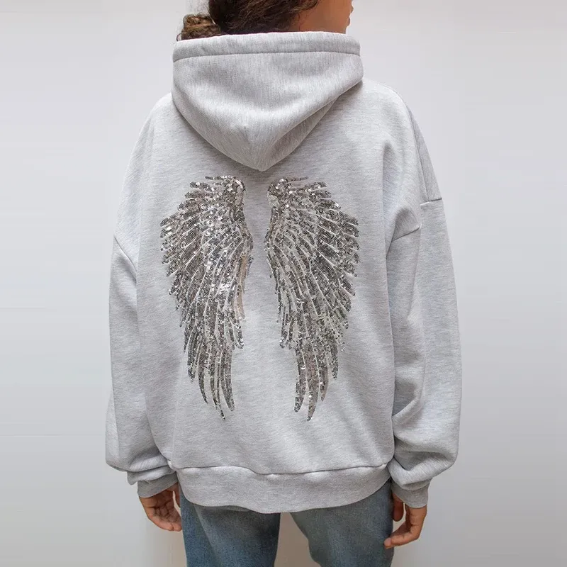 Women's Grey Sequined Angel Wings Cropped Hoodie and Sweatpants Set 