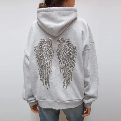 Women's Grey Sequined Angel Wings Cropped Hoodie and Sweatpants Set 
