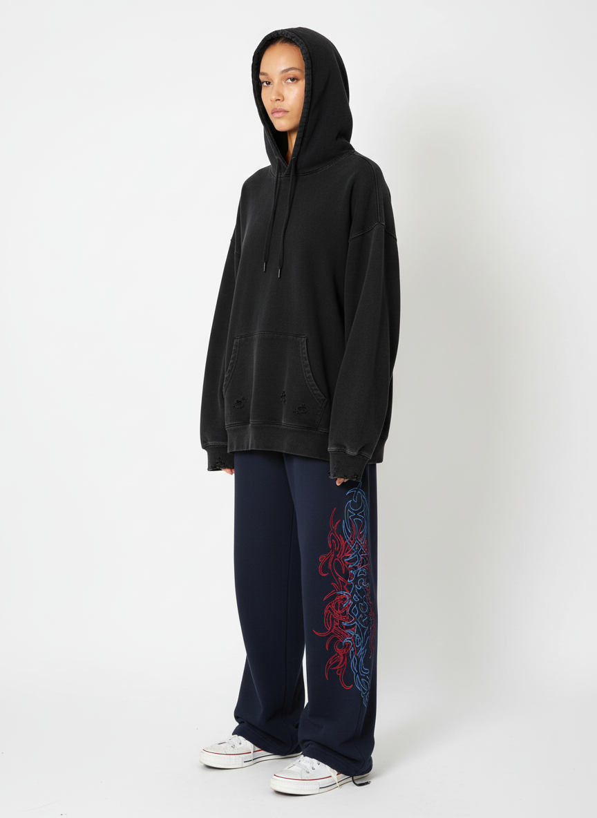 Line-Embroidered Printed Relaxed-Fit Casual Sweatpants