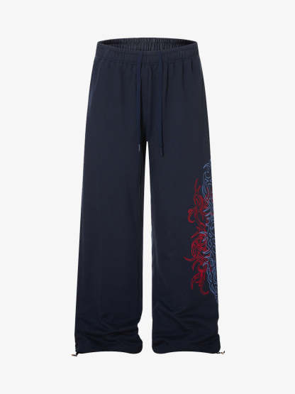 Line-Embroidered Printed Relaxed-Fit Casual Sweatpants