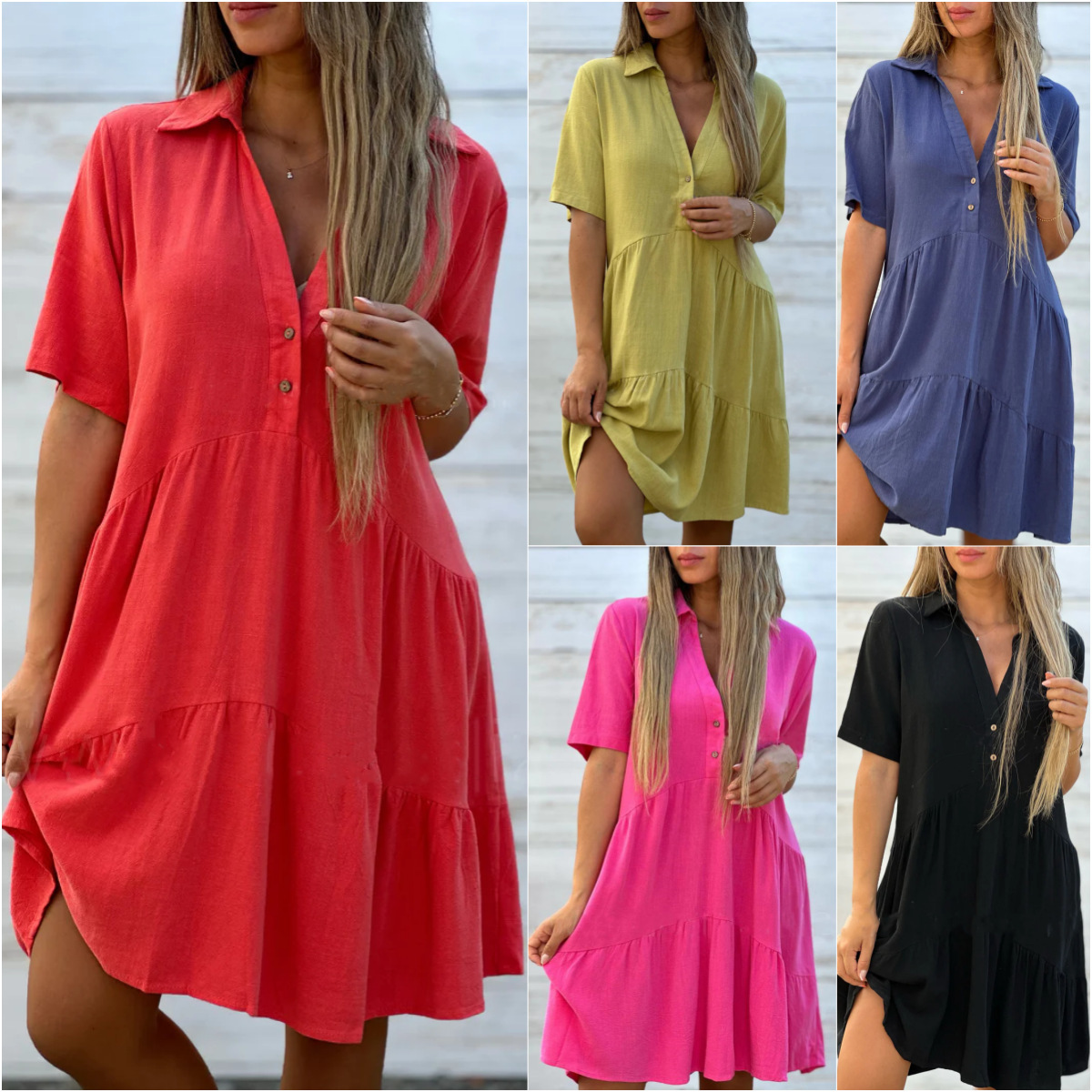 Loose Solid Color Lapel Casual Short-sleeved Cotton Linen Dress