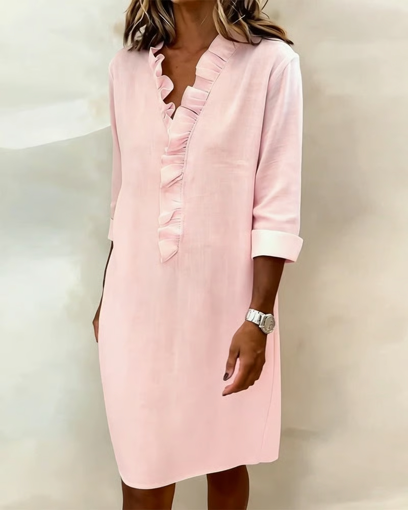 Ruffled V-Neck Solid Color Dress
