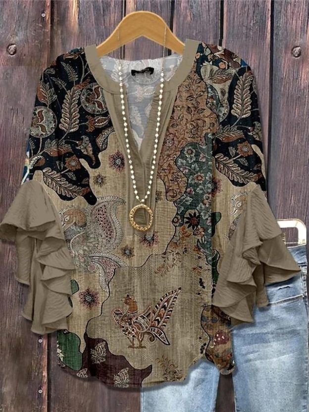 Women's Retro Blouse Layered Ruffle Sleeve Tops 3D Print Vintage Floral Graphic Daily Stylish Casual 3/4 Length Sleeve Regular Tops Daily Holiday Vacation Wear Print Purple Green Beige