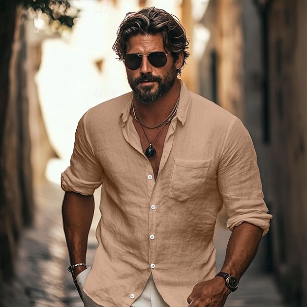 Men's Linen Button Down Shirt Summer Beach Long Sleeve Casual Solid Color Lightweight Breathable