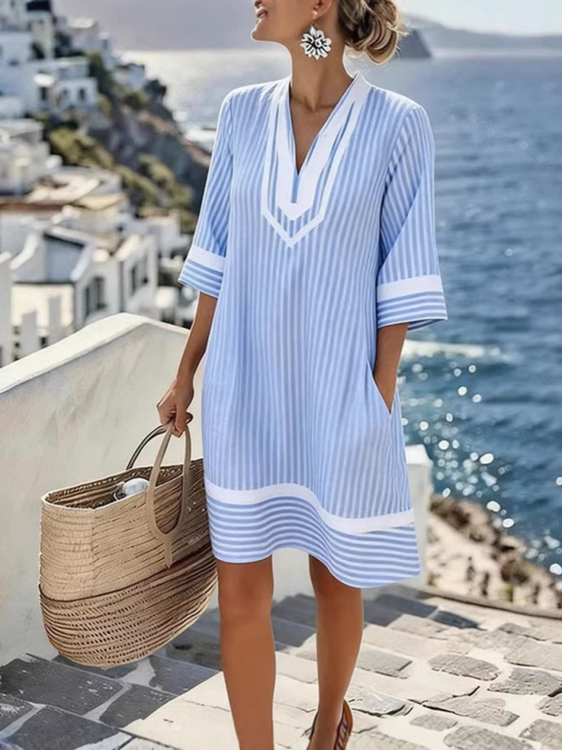 V-Neck Short Sleeve Striped Dress