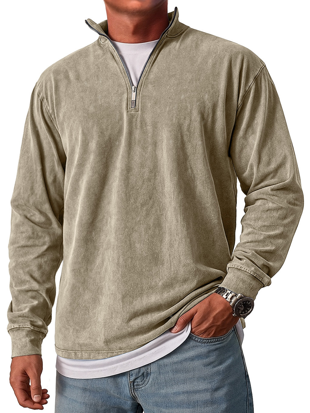 Men's Retro Stand Collar Zipper Casual Loose Solid Color Long Sleeve T-shirt