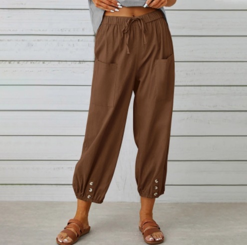 Solid Color Casual With Pocket Buttons Cotton Linen Trousers