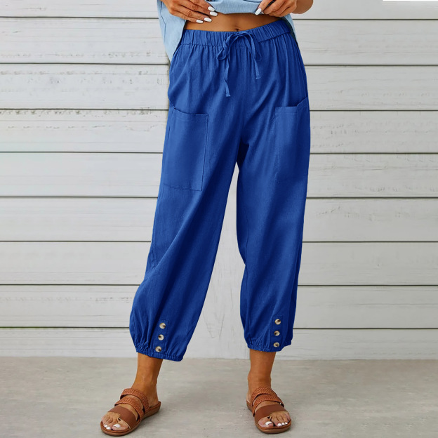 Solid Color Casual With Pocket Buttons Cotton Linen Trousers