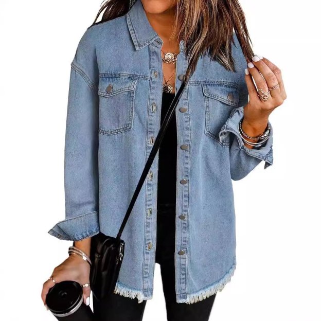 Women's Casual Denim Button Down Distressed Jacket