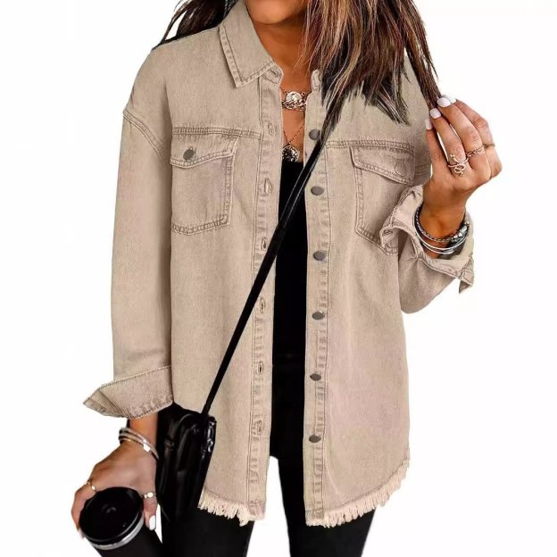 Women's Casual Denim Button Down Distressed Jacket