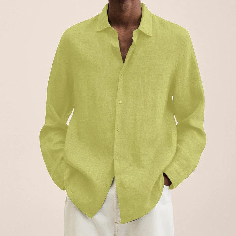 Men's Long Sleeve V-Neck Loose Button Cotton and Linen Cardigan Shirt