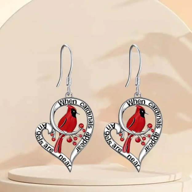Cardinal Memorial Earrings – “When Cardinals Appear, Angels Are Near” Heart Drop Design