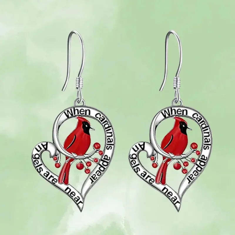 Cardinal Memorial Earrings – “When Cardinals Appear, Angels Are Near” Heart Drop Design