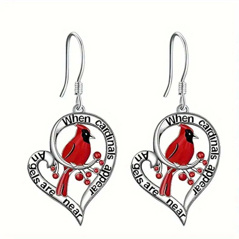 Cardinal Memorial Earrings – “When Cardinals Appear, Angels Are Near” Heart Drop Design