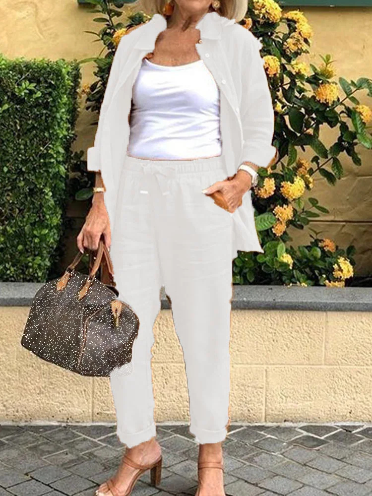 Solid Cotton Linen Women Suits Casual
