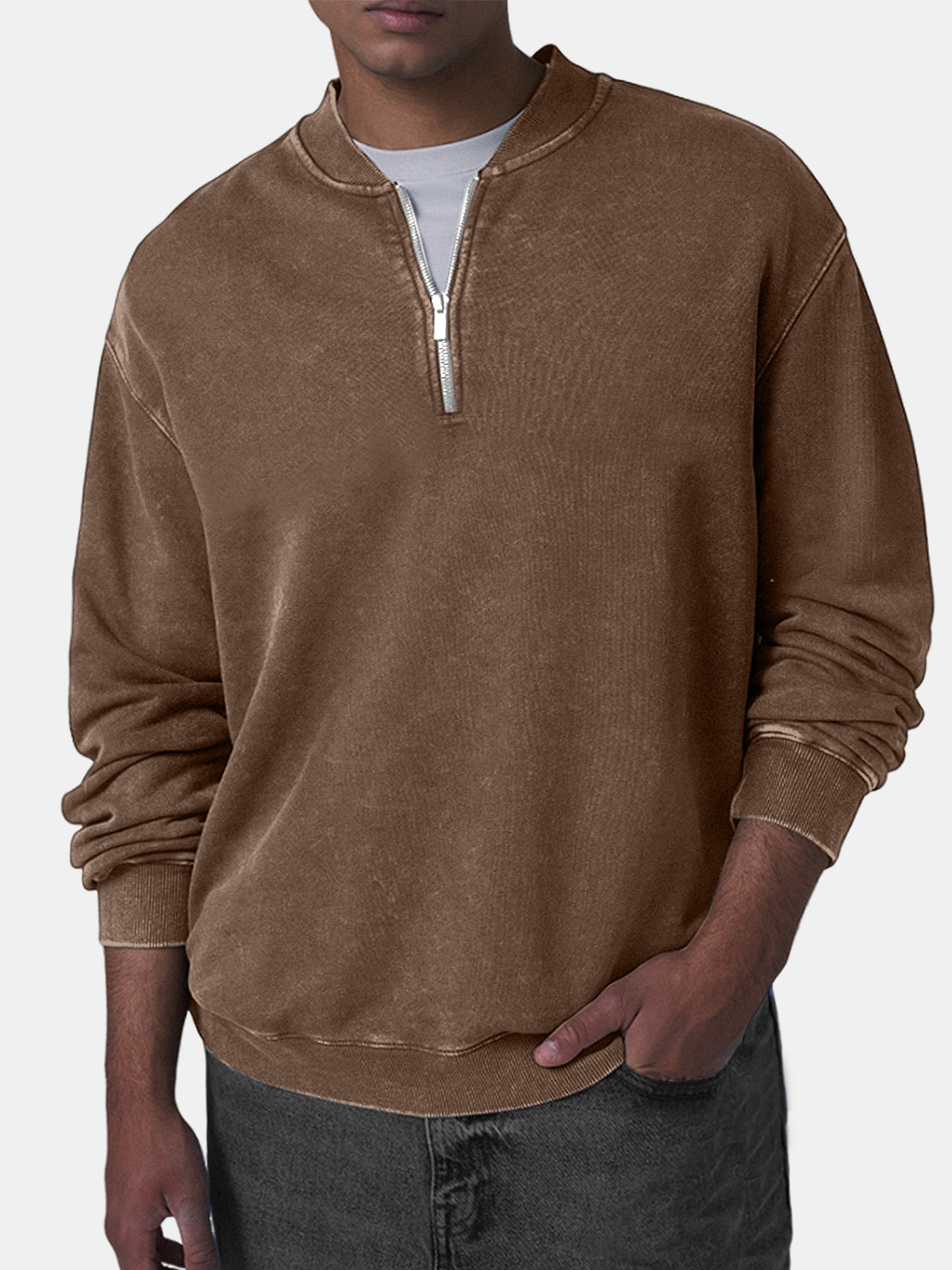 Men's Retro Casual Baseball Collar Zip Long Sleeve Top