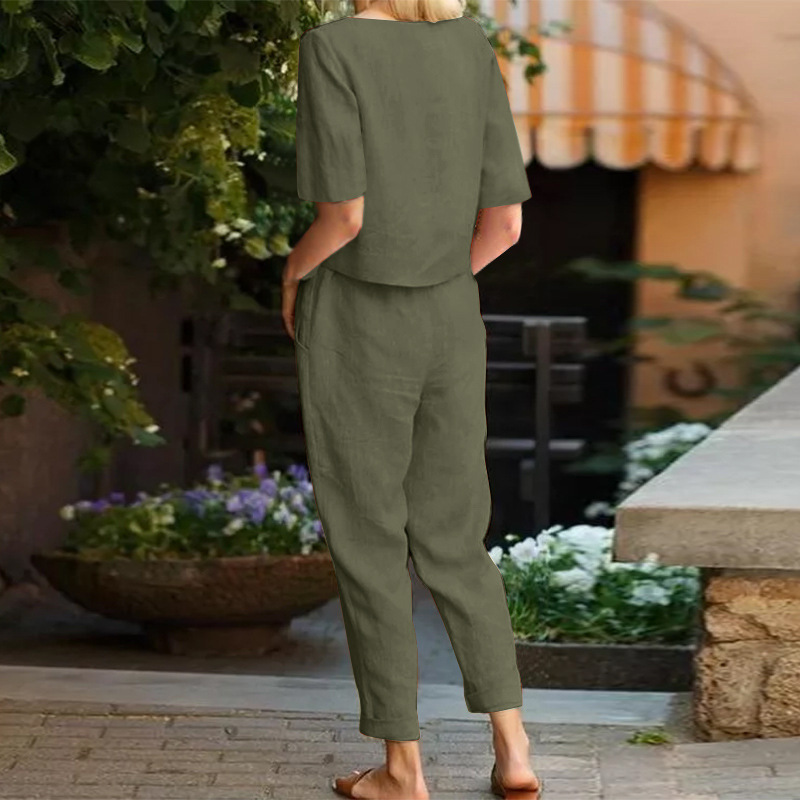 2025 new women's cotton and linen set half sleeve + wide leg pants