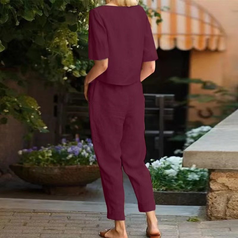 2025 new women's cotton and linen set half sleeve + wide leg pants