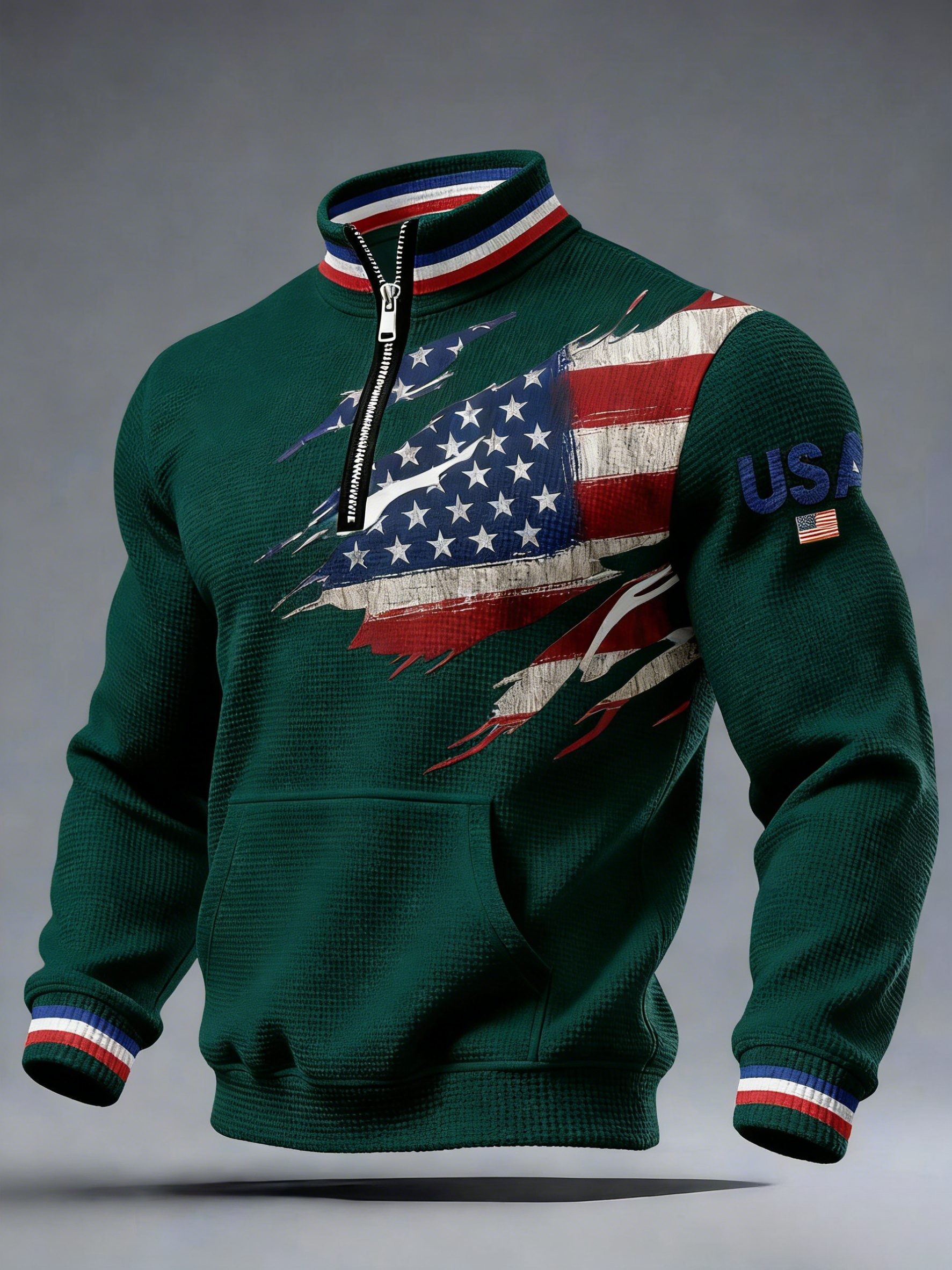 Anniversary Casual Printed Stand Collar Zip Waffle Sweatshirt