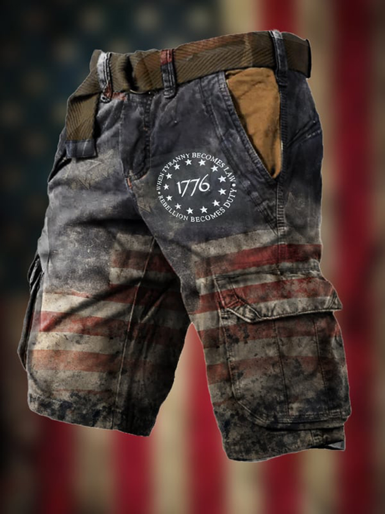 Men's Vintage Flag Independence Day Multi-Pocket Print Cargo Shorts
