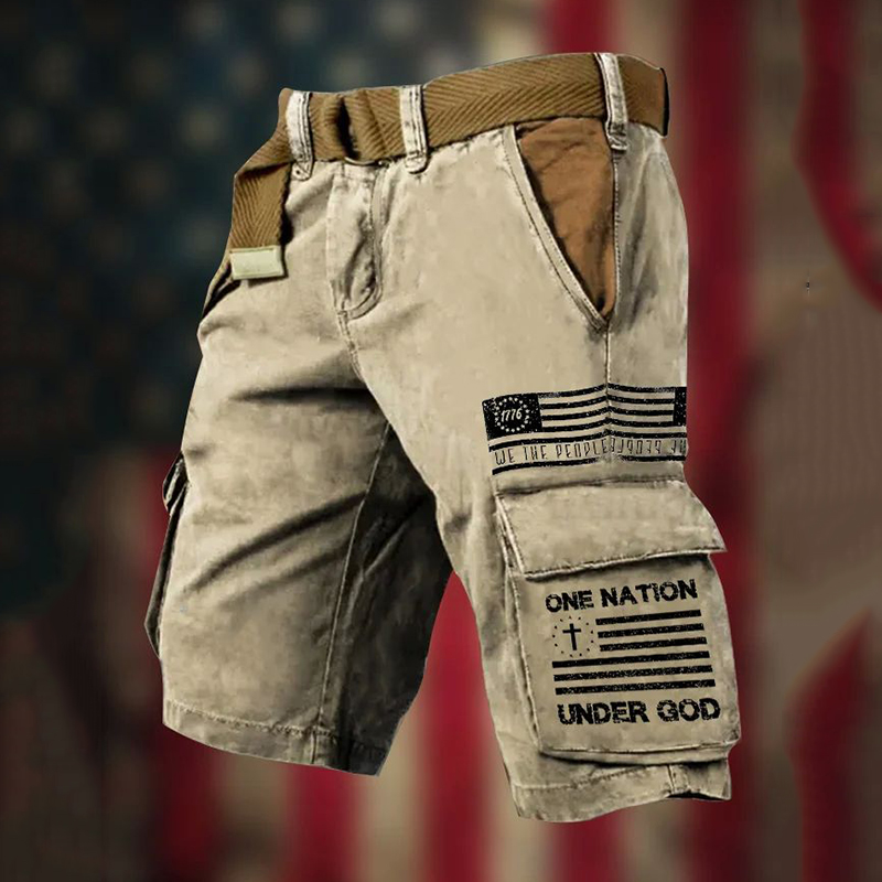 Men's Vintage God Bless America Print Cargo Shorts