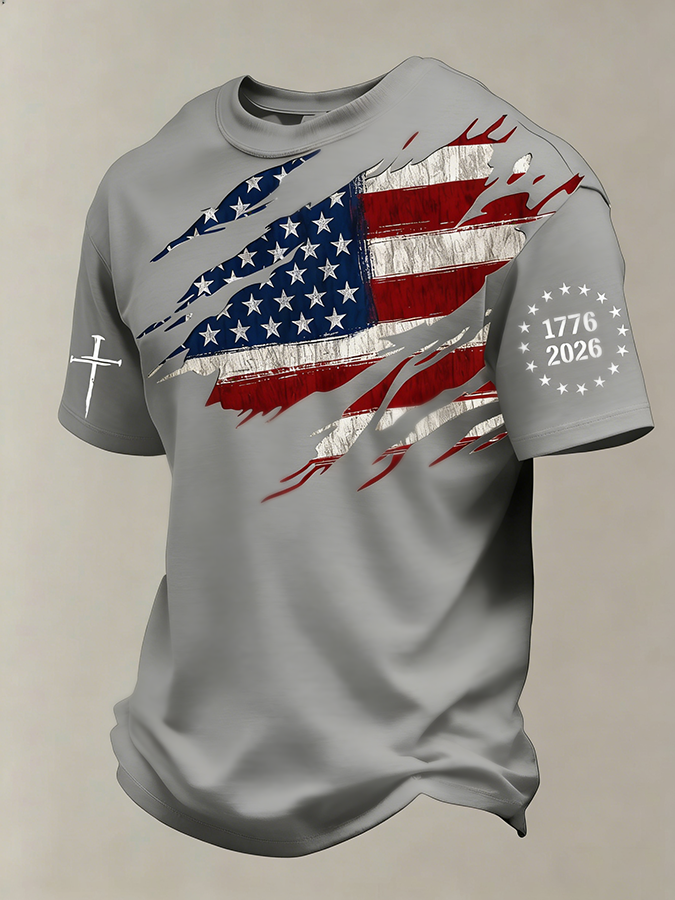 Men'S 250th Anniversary National Flag Print Waffle-Knit Fabric T-Shirt