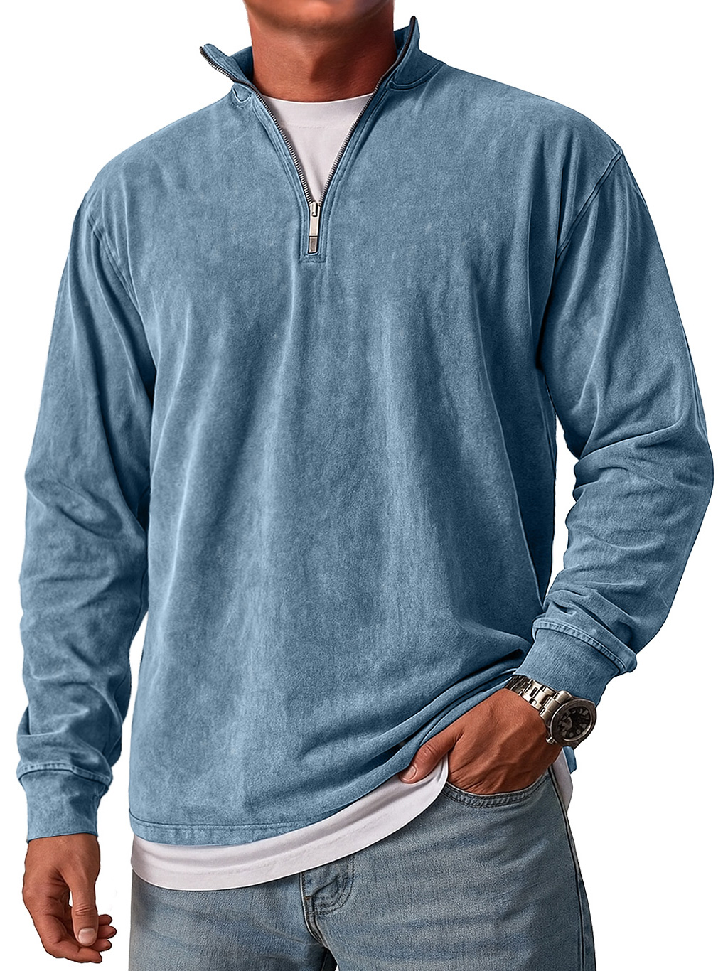 Men's Retro Stand Collar Zipper Casual Loose Solid Color Long Sleeve T-shirt