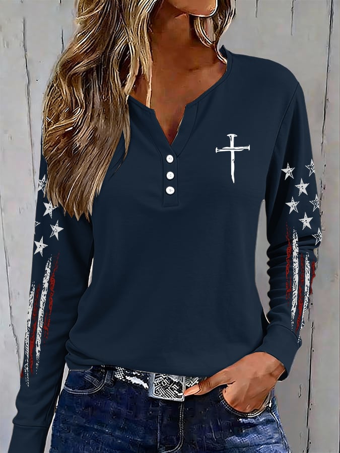 Women's casual retro flag-print button-up sweatshirt