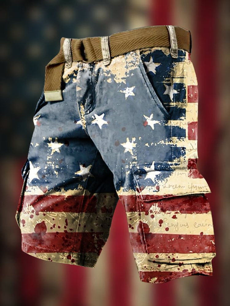 Men's Retro God Bless America Print Cargo Shorts