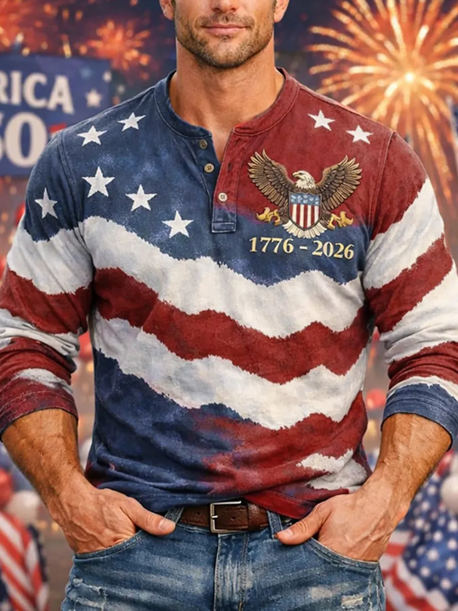 Men's American 250th Anniversary Commemorative Print Henley Shirt
