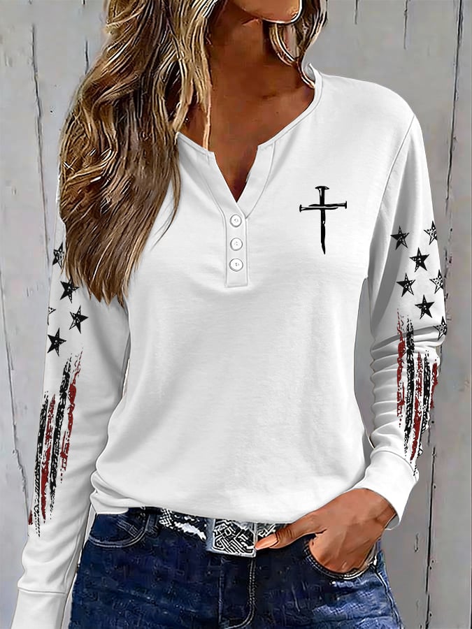 Women's casual retro flag-print button-up sweatshirt