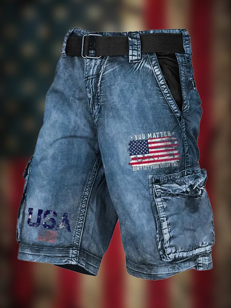 Men'S Vintage Flag Independence Day Multi-Pocket Print Cargo Shorts
