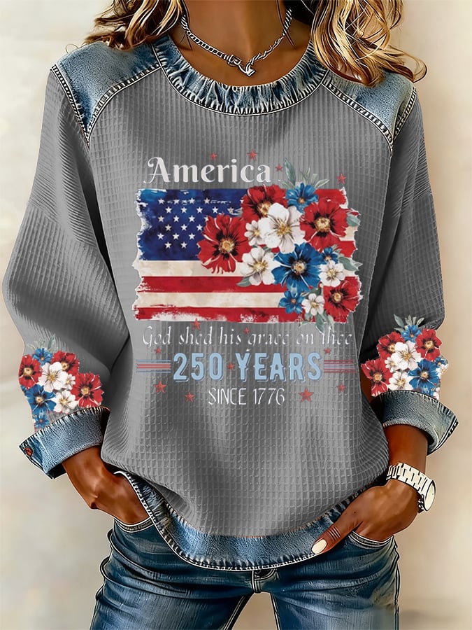 Women's 250th Anniversary National Flag Floral Print Waffle Sweatshirt