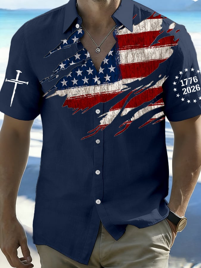Men's 250th Anniversary National Flag Print Casual Short-Sleeved Shirt