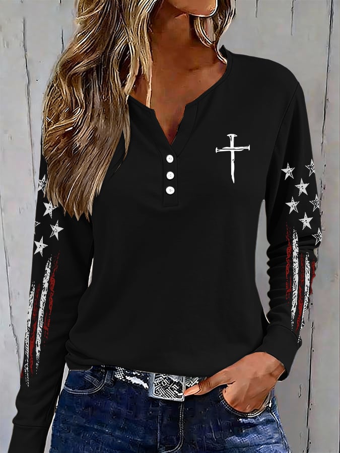 Women's casual retro flag-print button-up sweatshirt