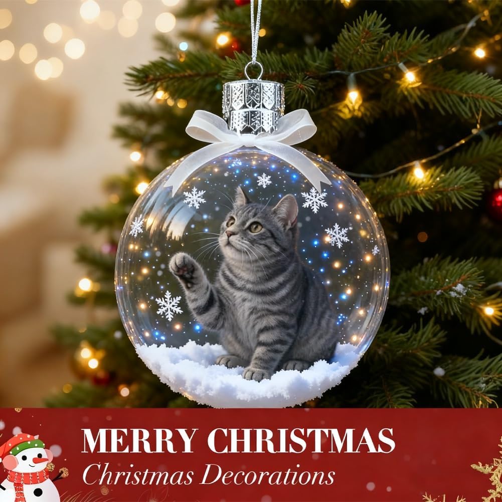 Cute Cat Christmas Glass Ornaments Collection, Animals Christmas Tree Ornaments for Xmas Tree Memorial Gifts, for Room Decor, Clear Plastic Christmas Balls, Holiday Ornaments for Family