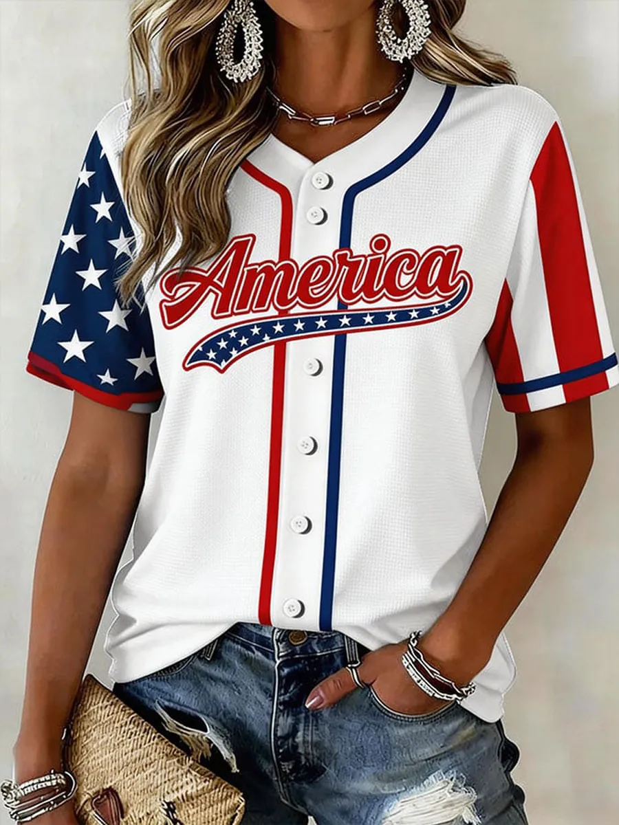 Women'S  American Baseball Print V-Neck Button-Up Shirt
