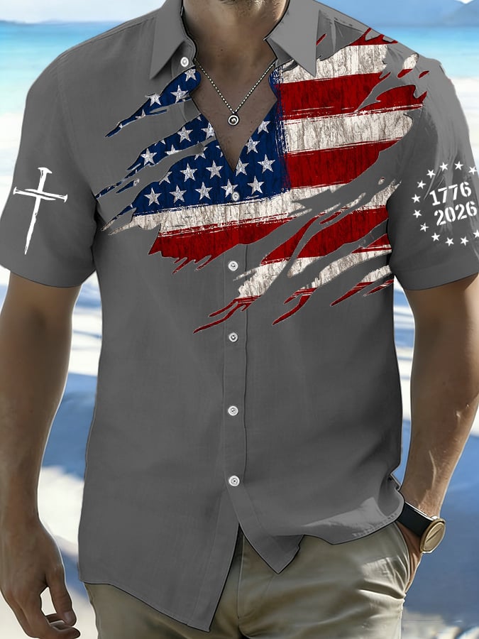Men's 250th Anniversary National Flag Print Casual Short-Sleeved Shirt