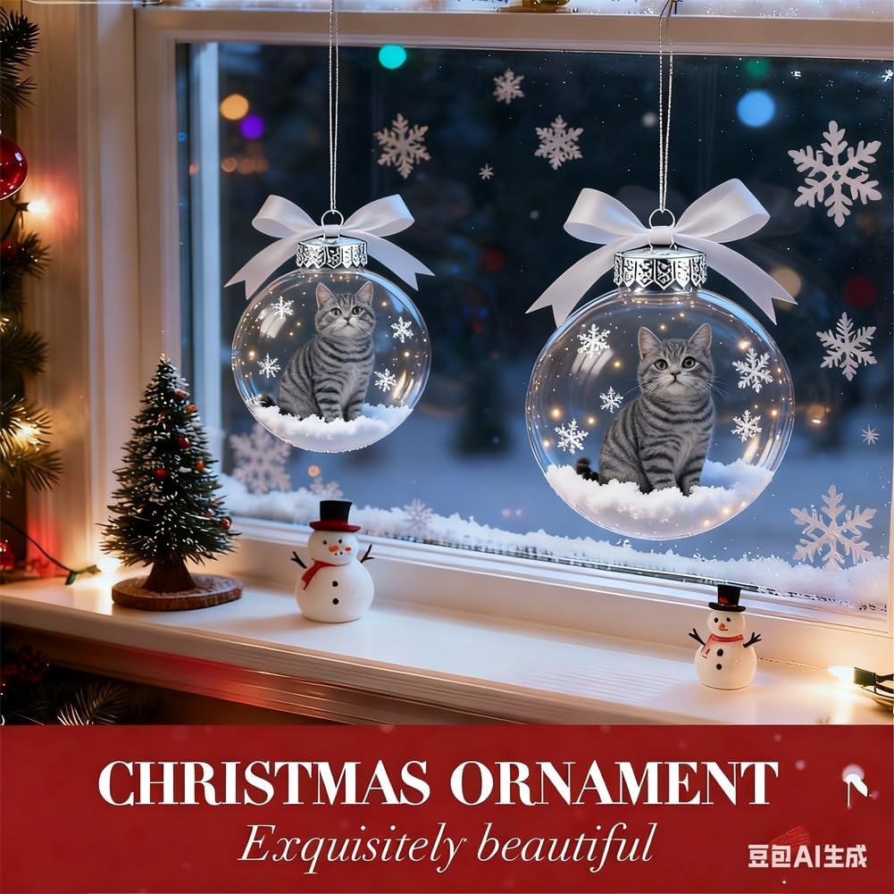 Cute Cat Christmas Glass Ornaments Collection, Animals Christmas Tree Ornaments for Xmas Tree Memorial Gifts, for Room Decor, Clear Plastic Christmas Balls, Holiday Ornaments for Family
