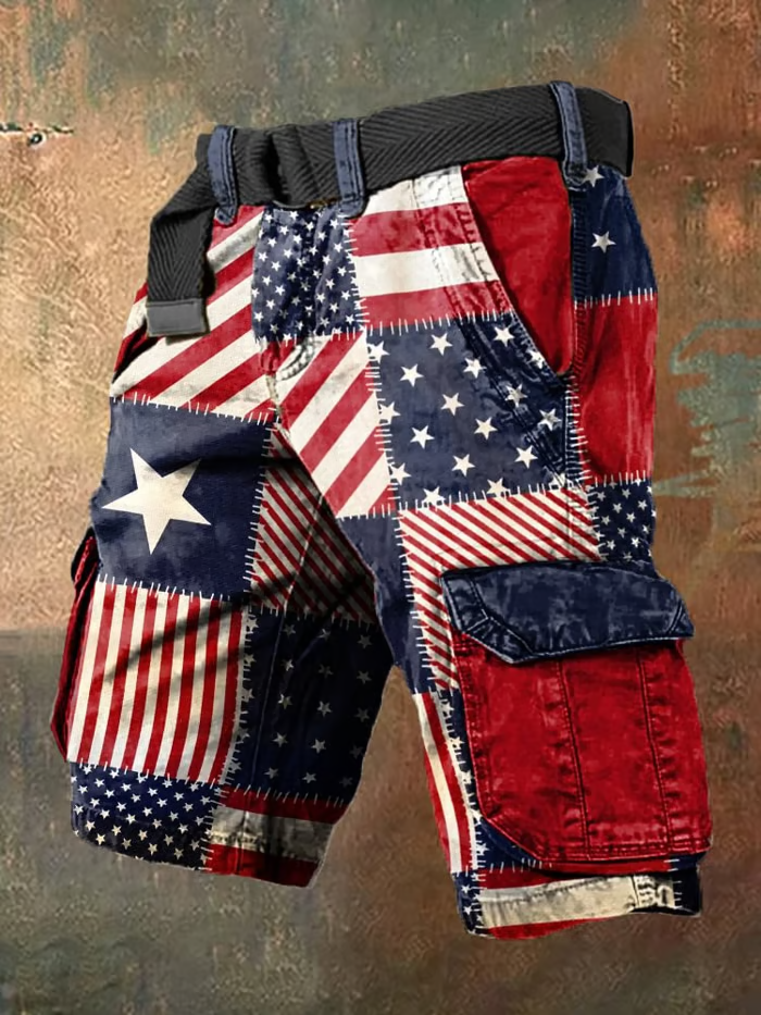Men's Vintage Flag Independence Day Flag Patchwork Patch print Cargo Shorts