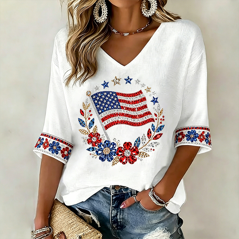 Women's US 250th Anniversary Floral Art Printed Casual Top