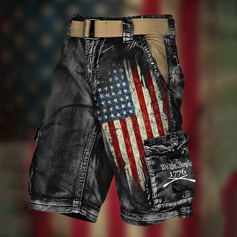 Men'S Vintage Flag Independence Day Multi-Pocket Print Cargo Shorts