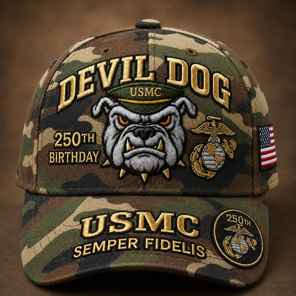 ❤️ Handmade Embroidered Devil Dog USMC 250th Birthday Commemorative Cap 🇺🇸