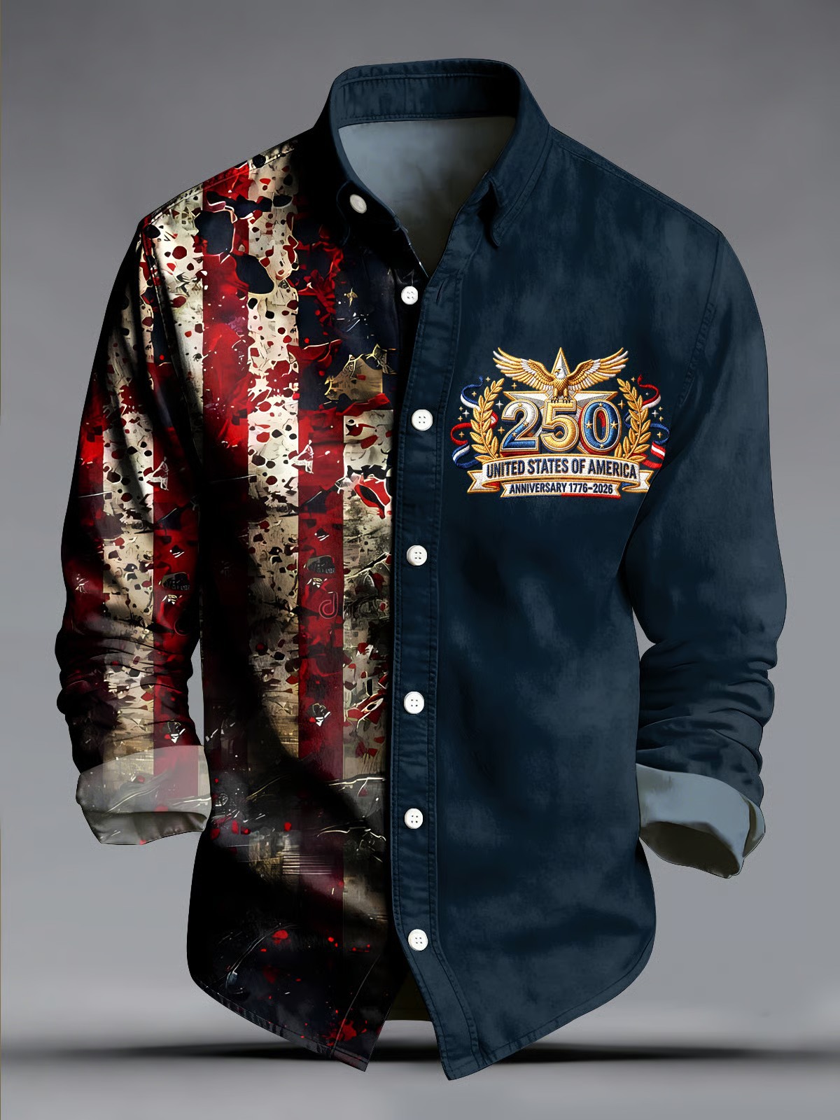 Men’s Vintage-Style 250th Anniversary American Flag Print Long-Sleeved Shirt
