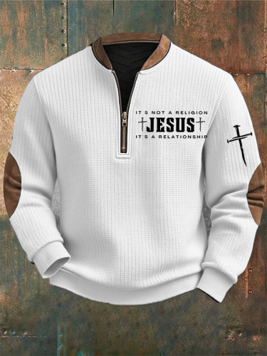 ✝️Men's Cross It's Not A Religion Jesus It's A Relationship Print Zipper Neck Casual Textured Fabric Sweatshirt