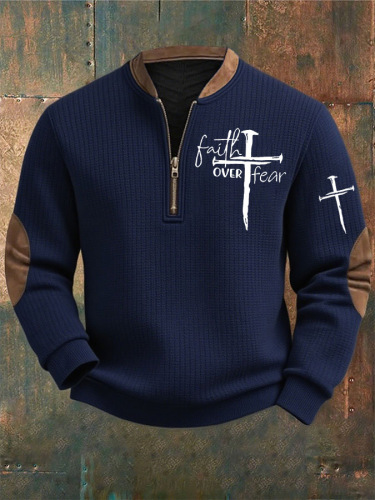✝️Men's Cross It's Not A Religion Jesus It's A Relationship Print Zipper Neck Casual Textured Fabric Sweatshirt