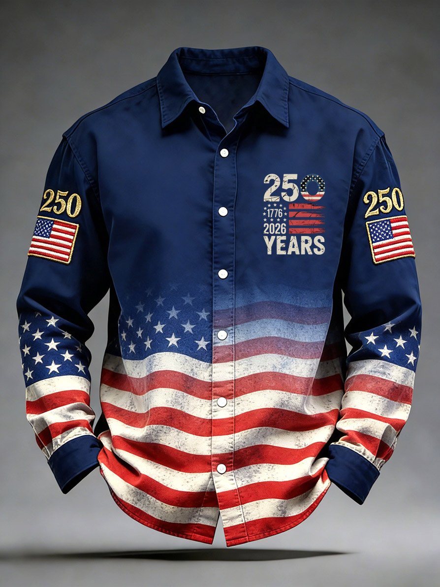 Men's Retro 250th Anniversary American Flag Long-Sleeve Shirt