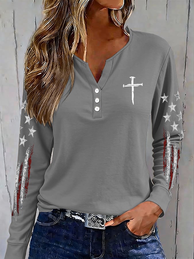 Women's casual retro flag-print button-up sweatshirt