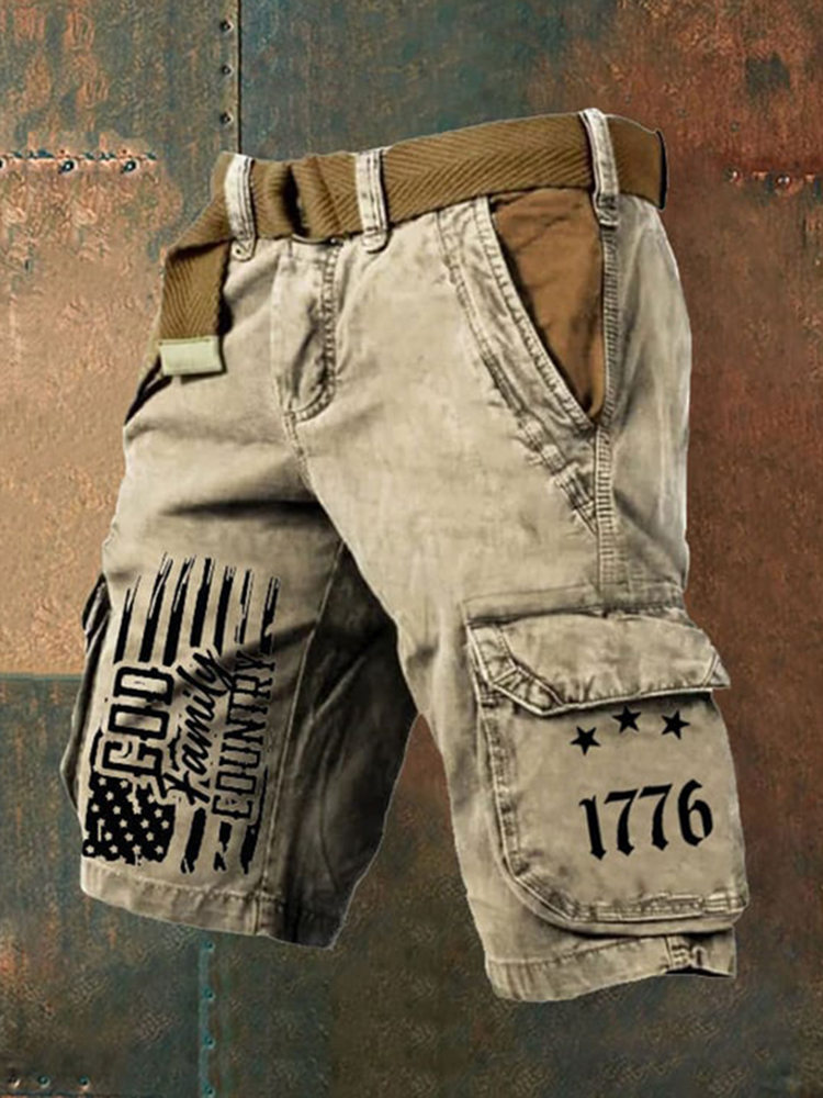 Men's Vintage Independence Day Flag Print Pocket Shorts