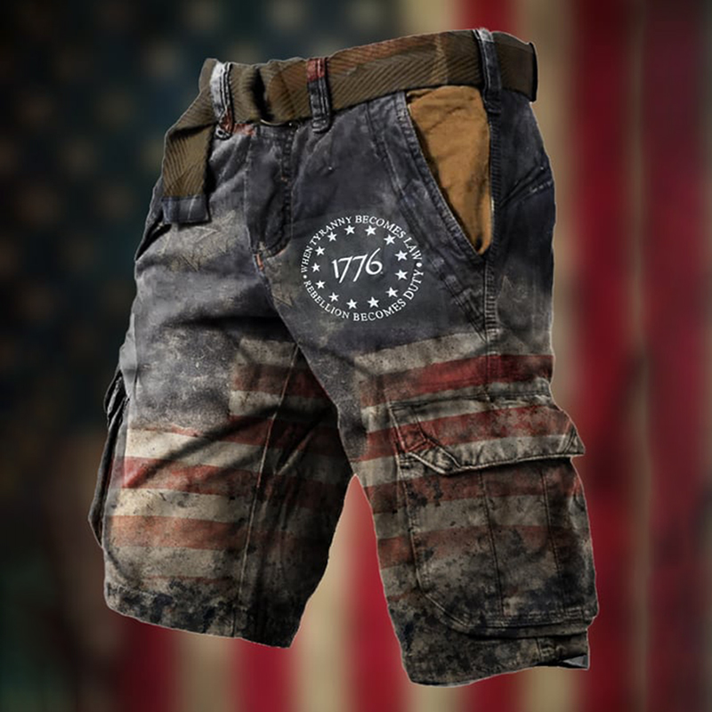 Men's Vintage Flag Independence Day Multi-Pocket Print Cargo Shorts